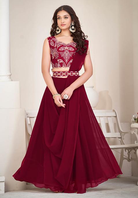 Maroon Embroidered Georgette Lehenga Set