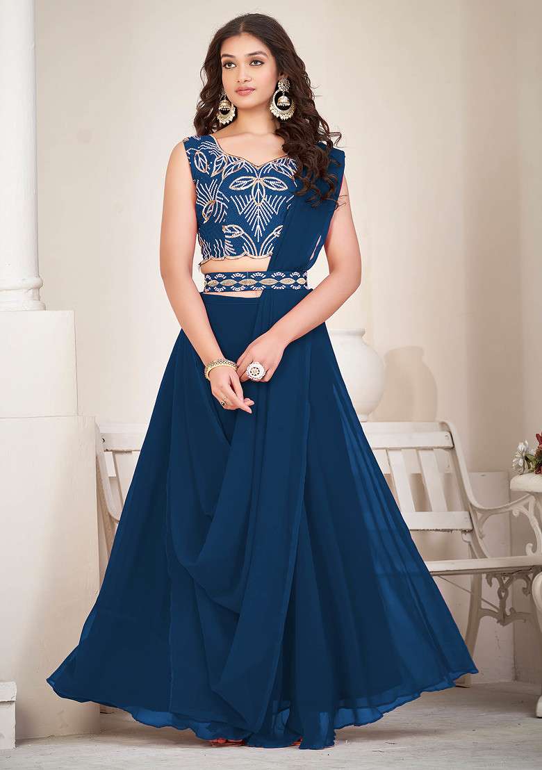 Rama Blue Embroidered Georgette Lehenga Set - Indya