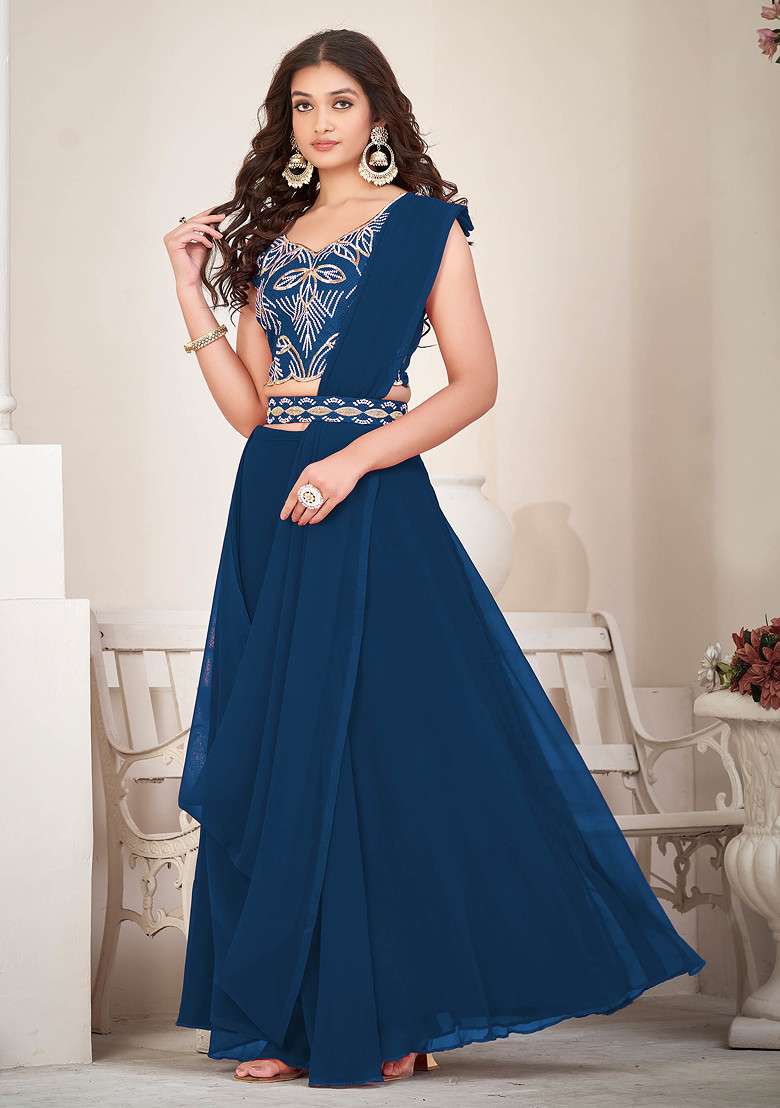 Rama Blue Embroidered Georgette Lehenga Set - Indya
