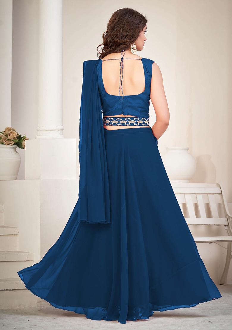 Rama Blue Embroidered Georgette Lehenga Set