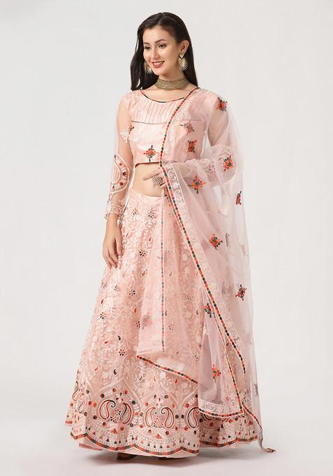 Pink Embroidered Net Lehenga Set