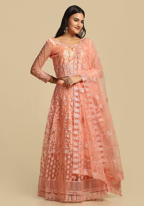 Peach Embroidered Net Lehenga Set