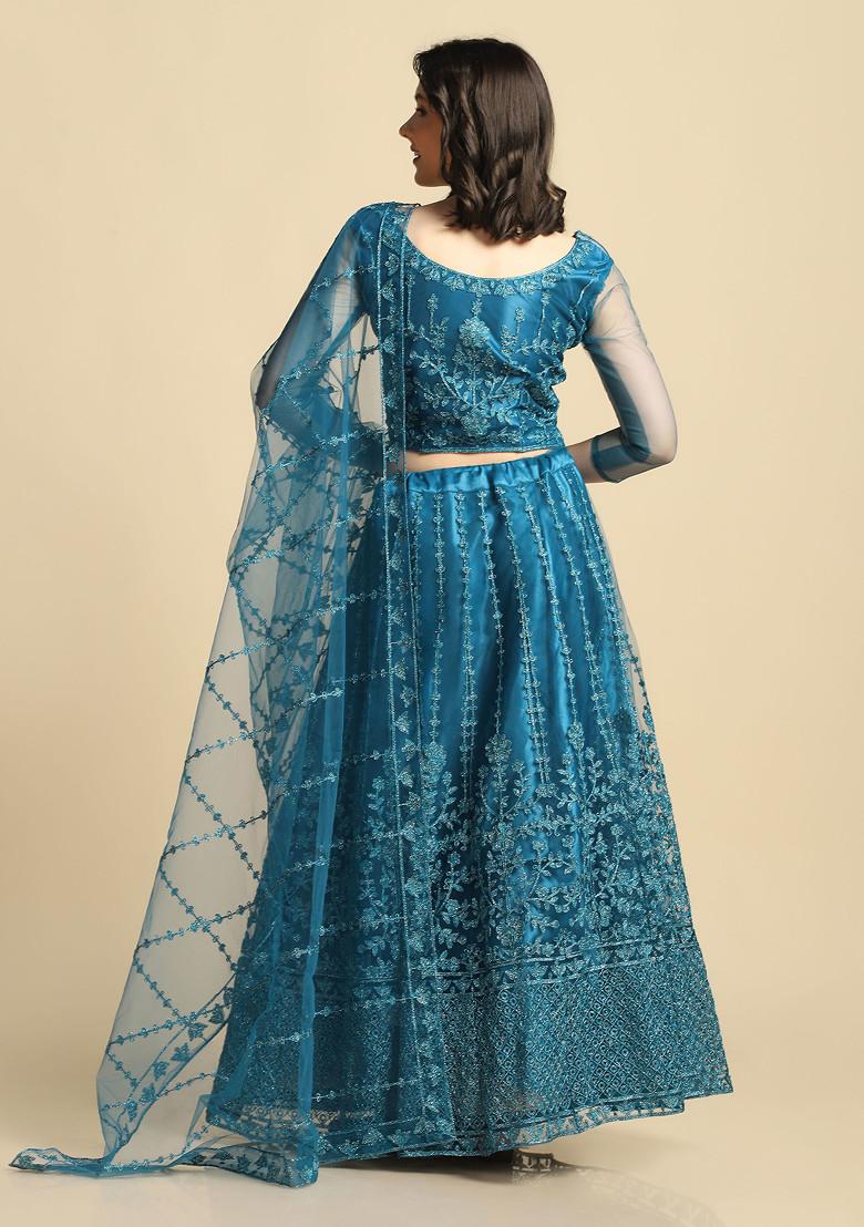 Rama Blue Embroidered Net Lehenga Set