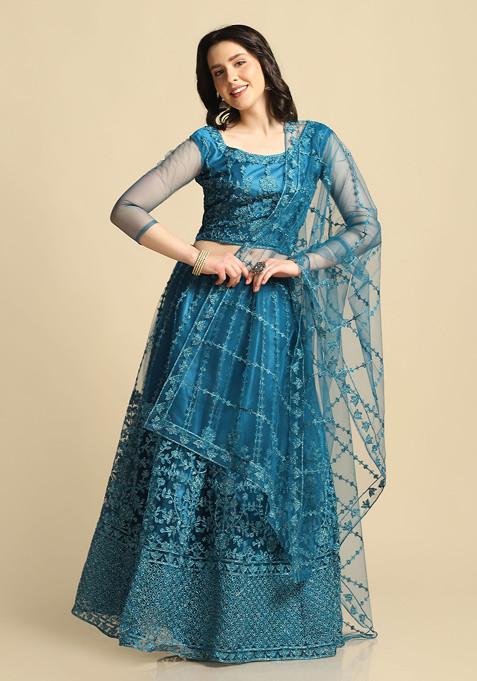 Rama Blue Embroidered Net Lehenga Set