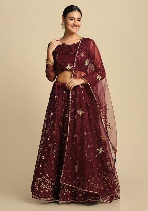 Purple Embroidered Net Lehenga Set