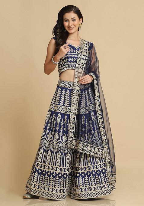 Blue Embroidered Taffeta Silk Lehenga Set