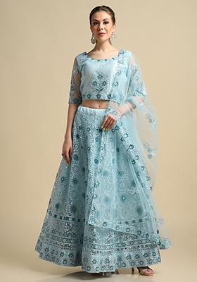 Sky Blue Embroidered Net Lehenga Set