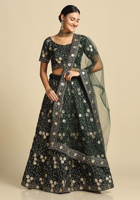 Green Embroidered Taffeta Silk Lehenga Set