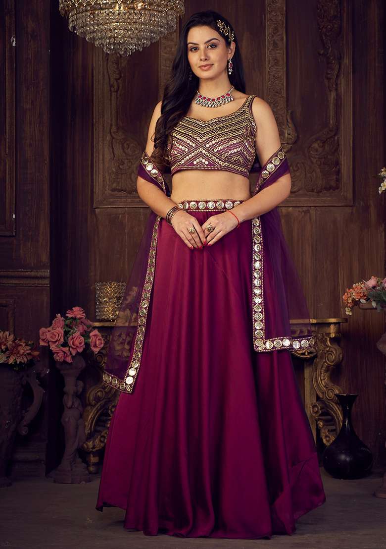 Purple Embroidered Rangoli Silk Lehenga Set - Indya
