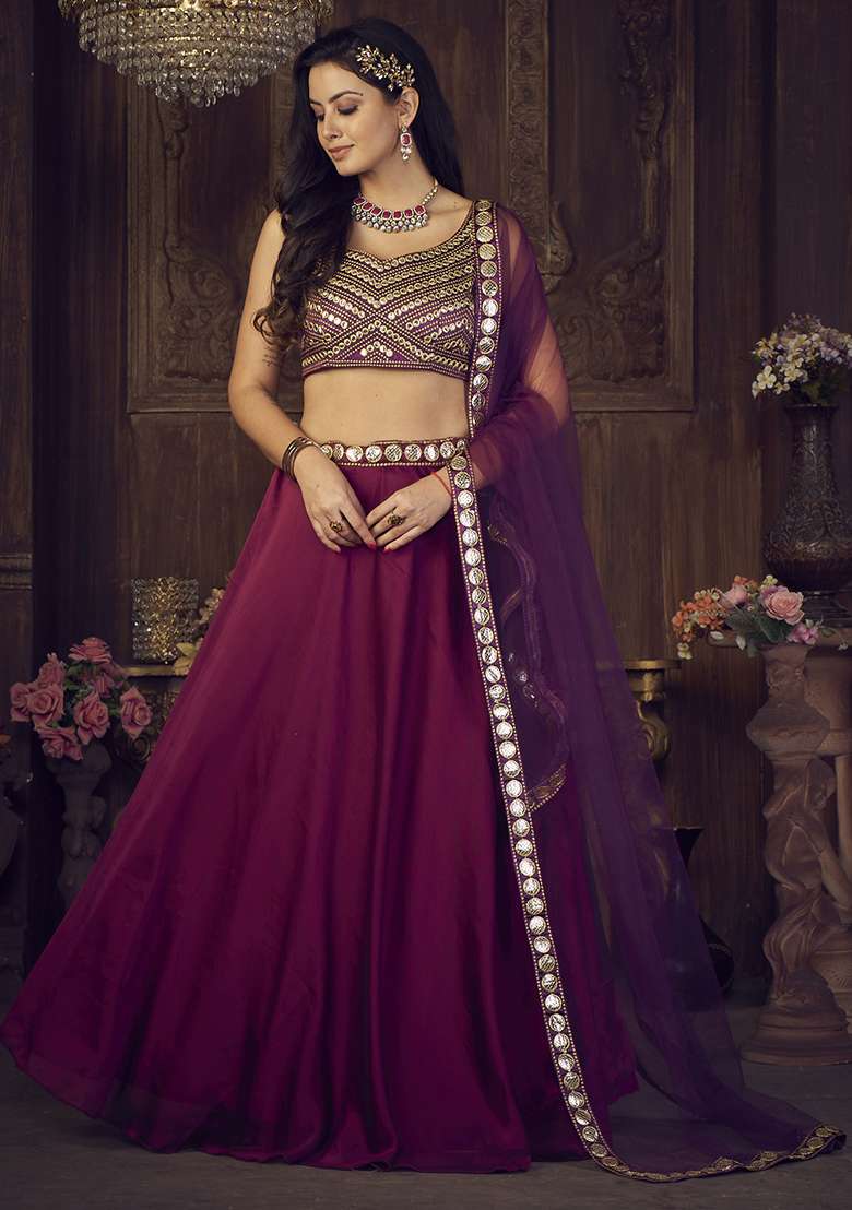 Purple Embroidered Rangoli Silk Lehenga Set - Indya
