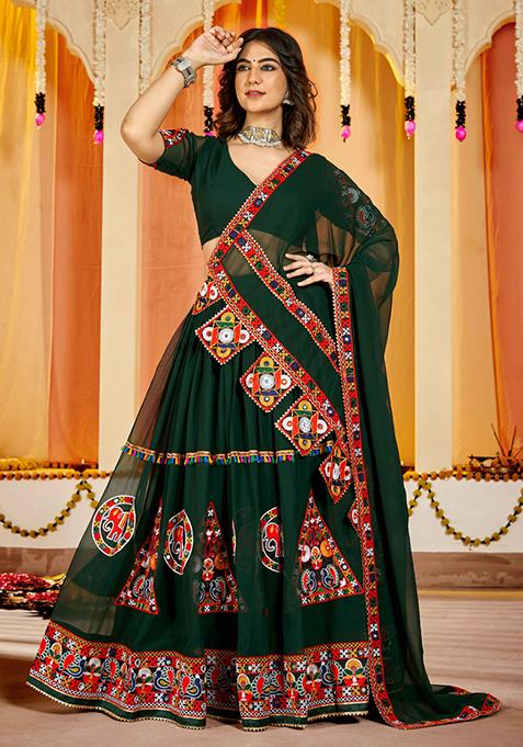 Green Embroidered Georgette Lehenga Set