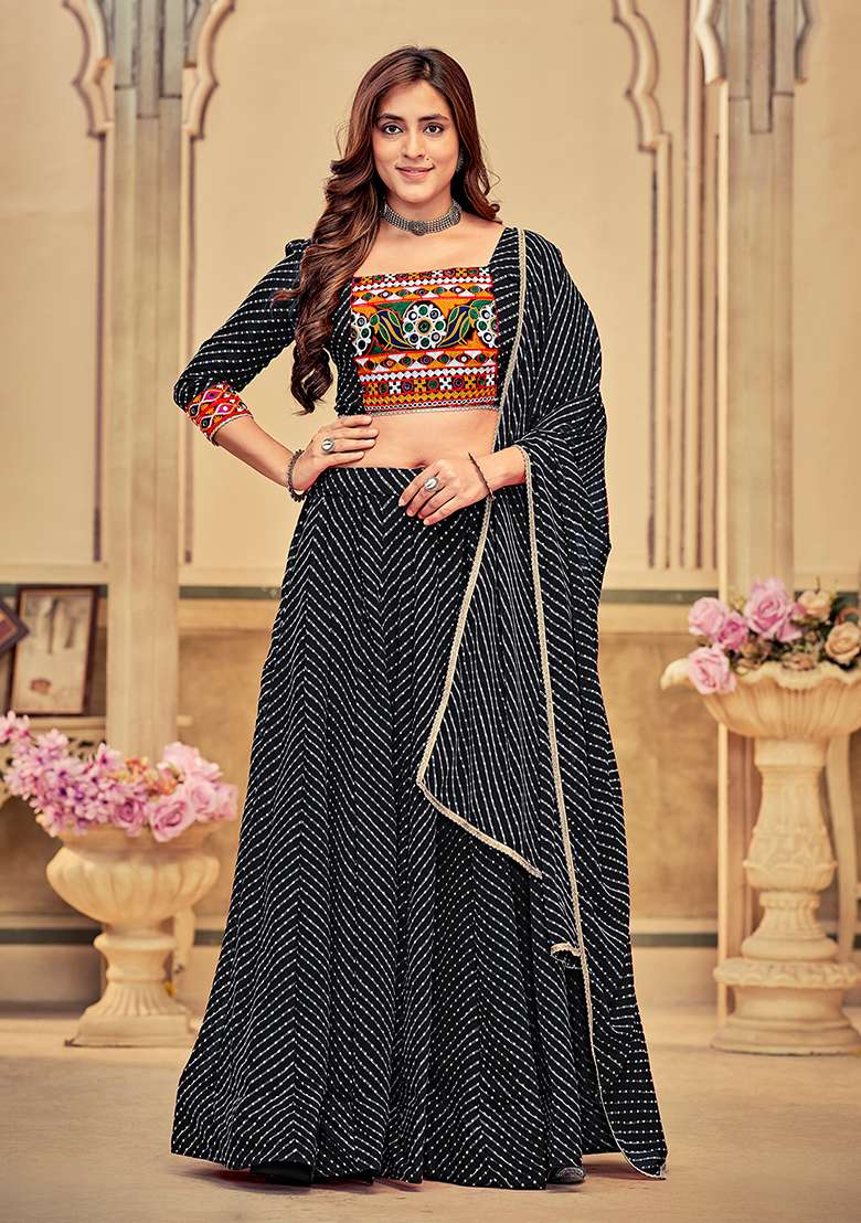 Black Embroidered Georgette Lehenga Set - Indya