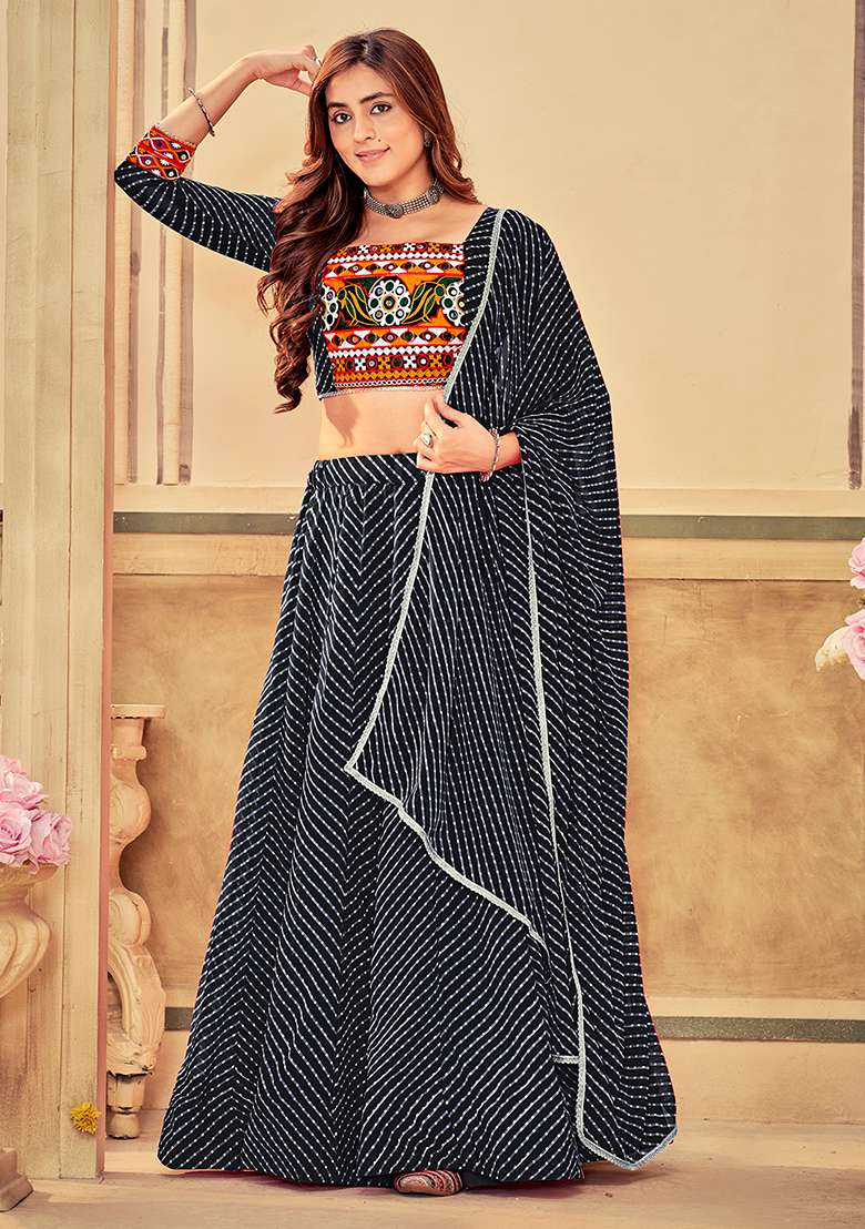 Black Embroidered Georgette Lehenga Set - Indya