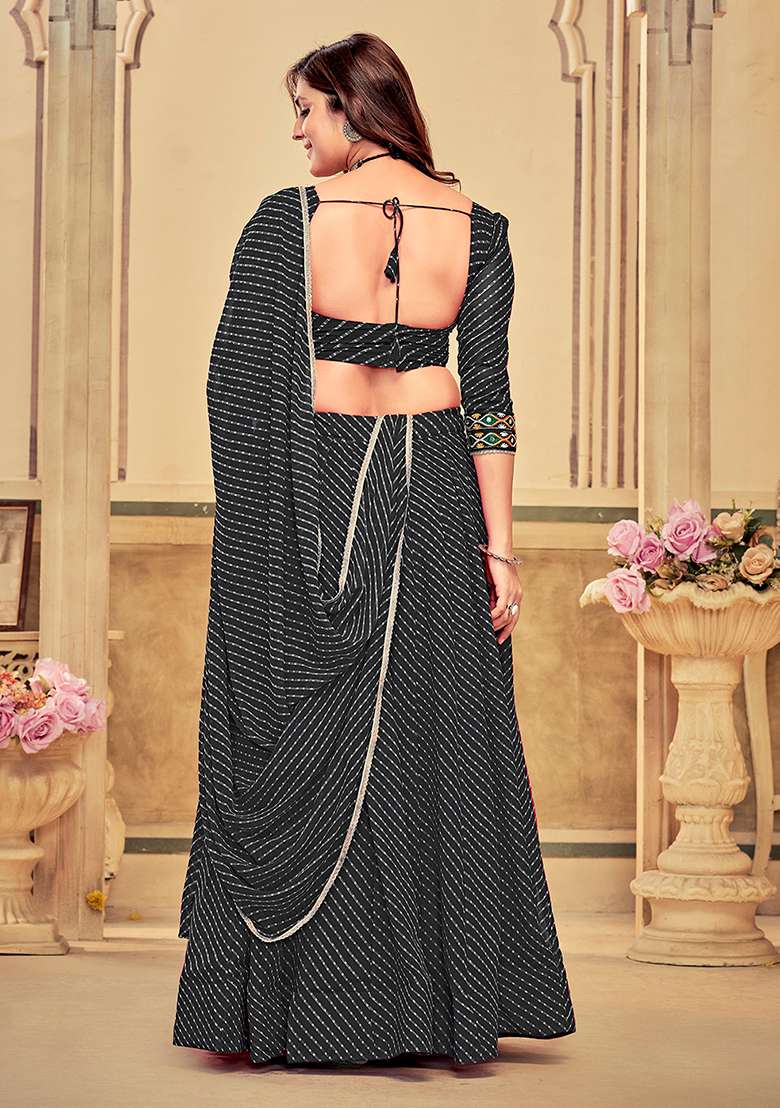 Black Embroidered Georgette Lehenga Set - Indya