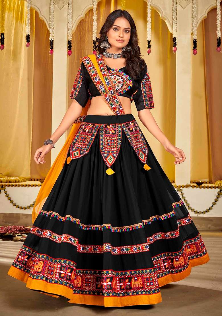Black Embroidered Georgette Lehenga Set - Indya