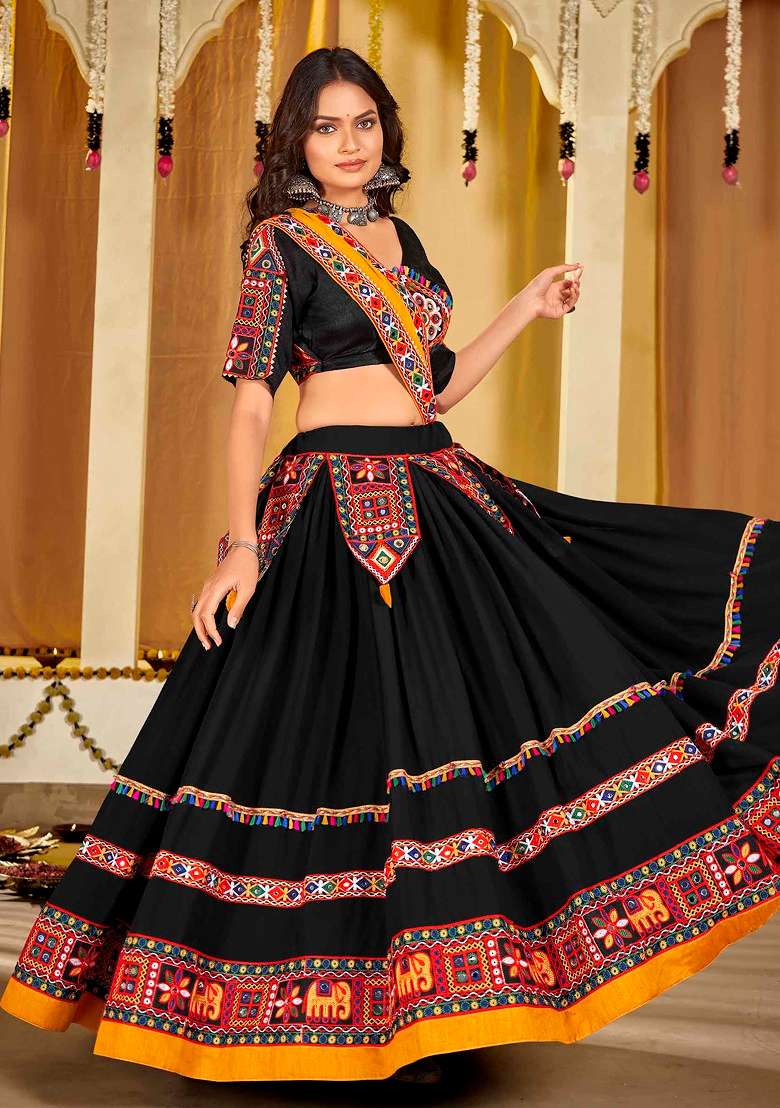 Black Embroidered Georgette Lehenga Set - Indya