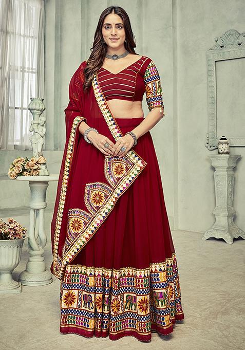 Maroon Embroidered Georgette Lehenga Set