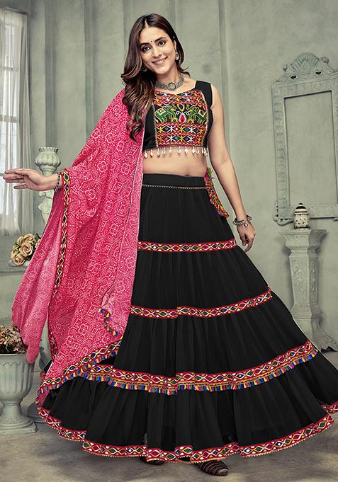 Black Embroidered Georgette Lehenga Set