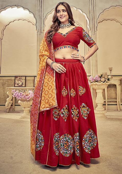 Maroon Embroidered Cotton Silk Lehenga Set