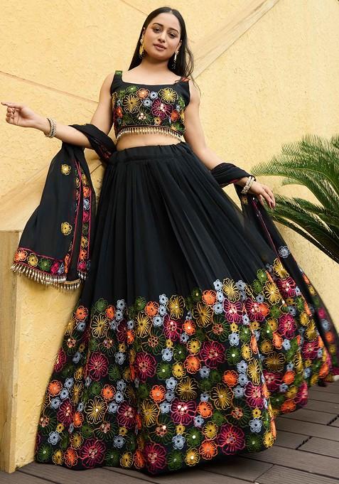 Black Embroidered Georgette Lehenga Set