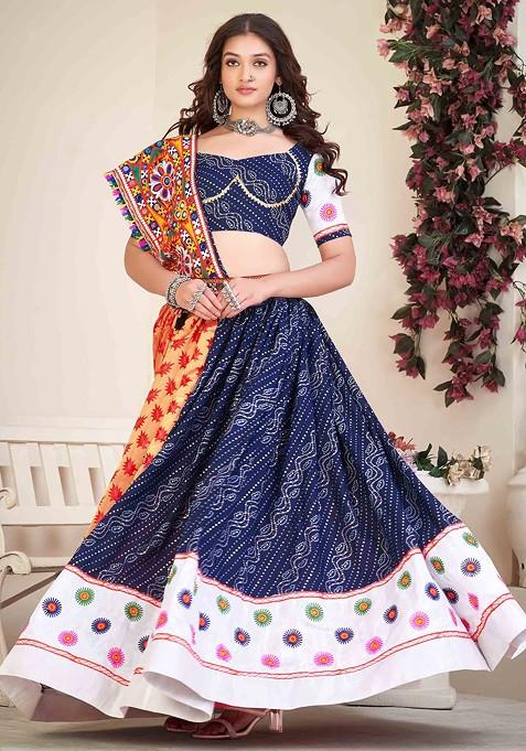 Blue Embroidered Cotton Silk Lehenga Set