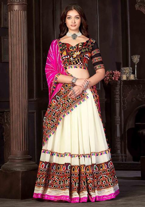 Off White Embroidered Georgette Lehenga Set