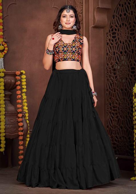 Black Embroidered French Crepe Lehenga Set