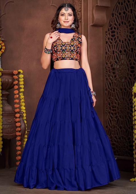 Blue Embroidered French Crepe Lehenga Set