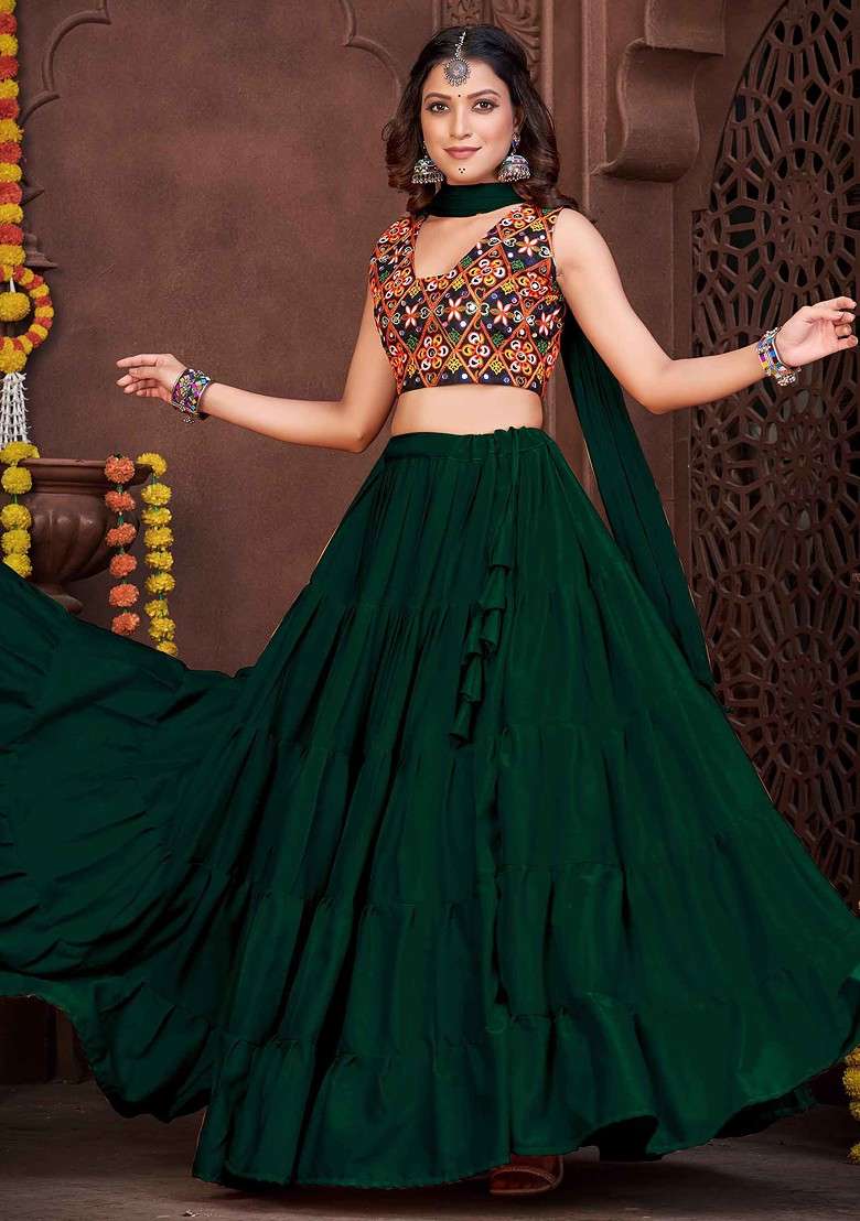 Green Embroidered French Crepe Lehenga Set - Indya