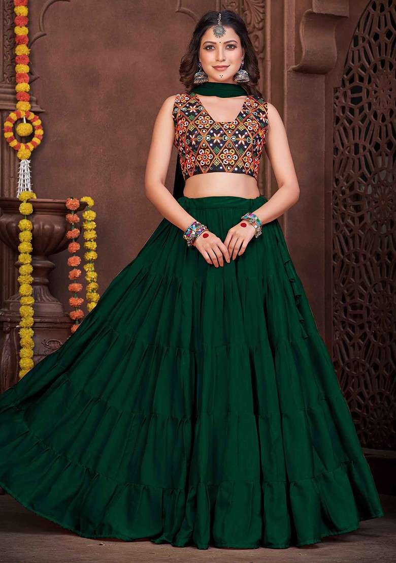 Green Embroidered French Crepe Lehenga Set - Indya
