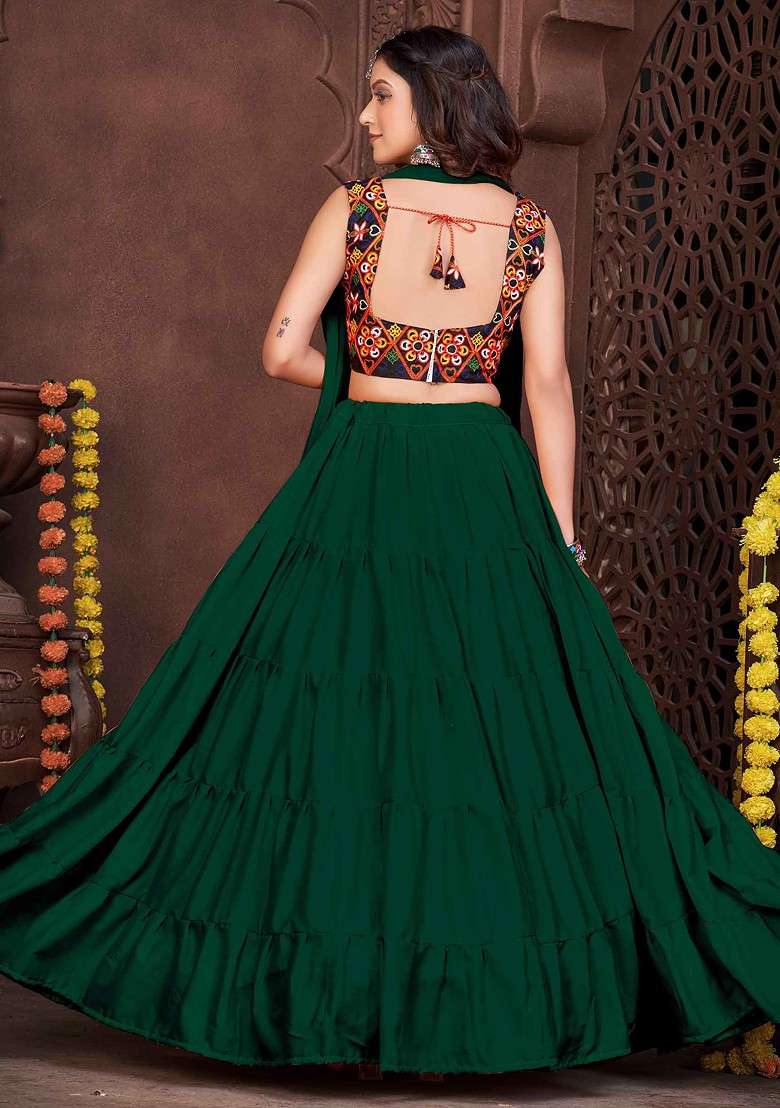 Green Embroidered French Crepe Lehenga Set - Indya