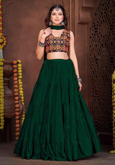 Green Embroidered French Crepe Lehenga Set