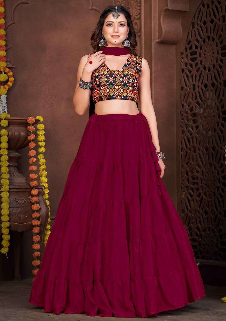 Maroon Embroidered French Crepe Lehenga Set - Indya