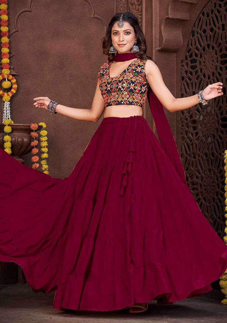 Maroon Embroidered French Crepe Lehenga Set - Indya