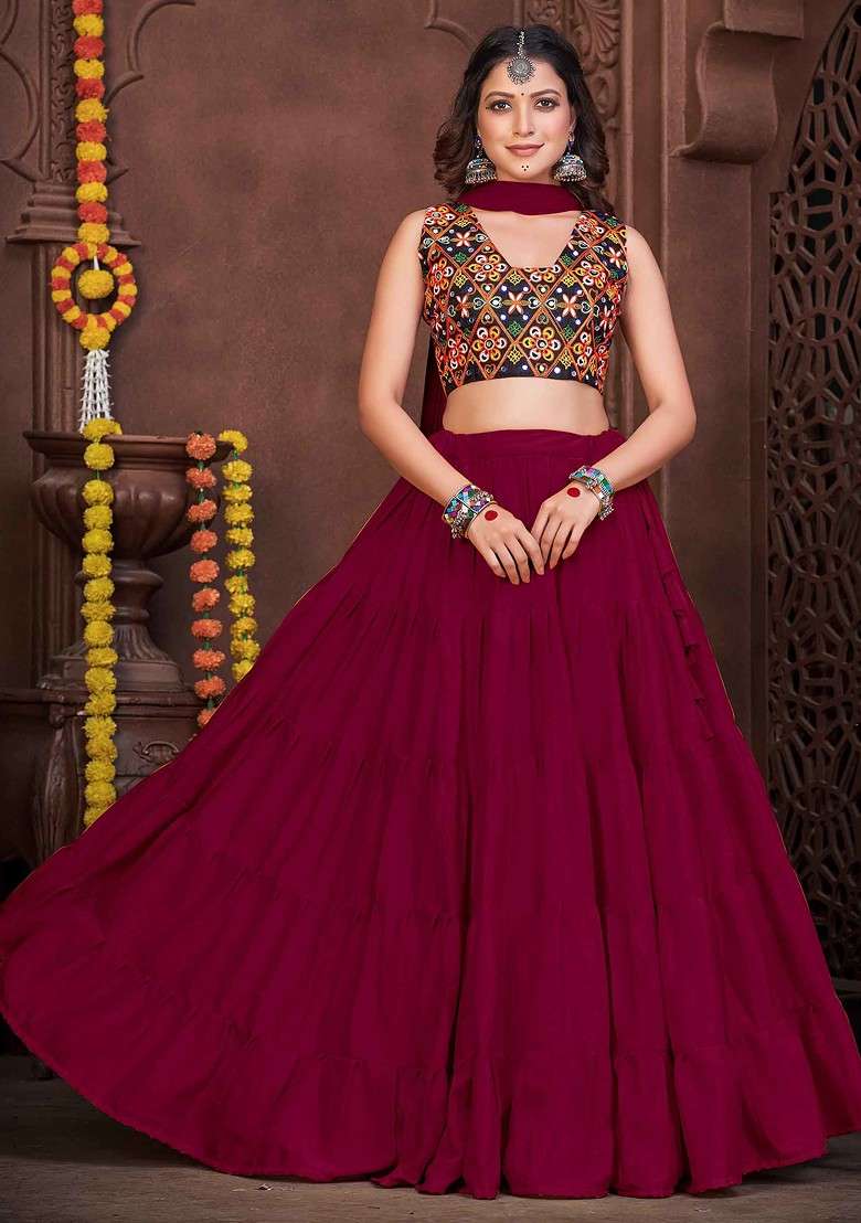 Maroon Embroidered French Crepe Lehenga Set - Indya