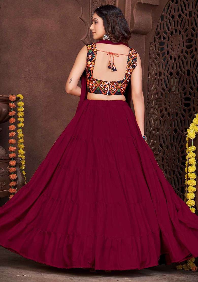 Maroon Embroidered French Crepe Lehenga Set - Indya