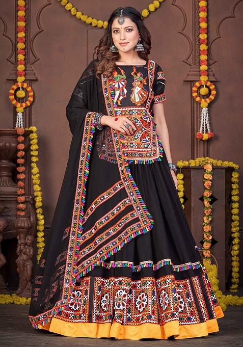 Black Embroidered Rayon Lehenga Set