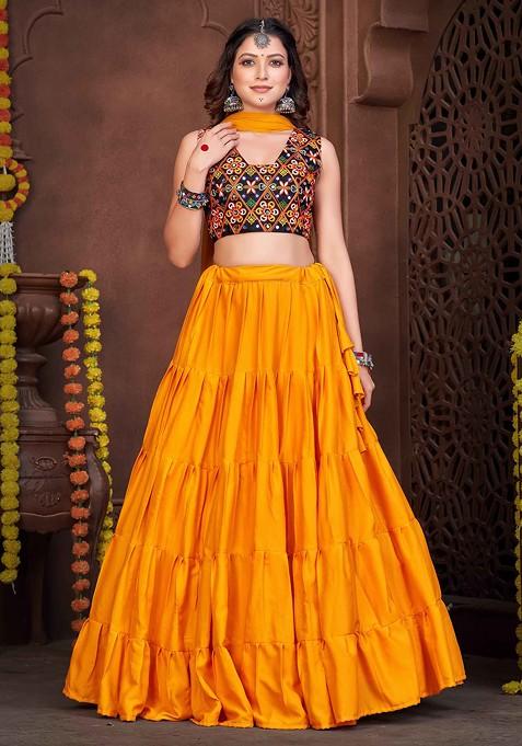 Mustard Embroidered French Crepe Lehenga Set