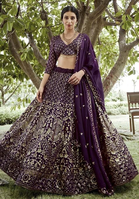 Dark Purple Sequin Embroidered Georgette Lehenga Set