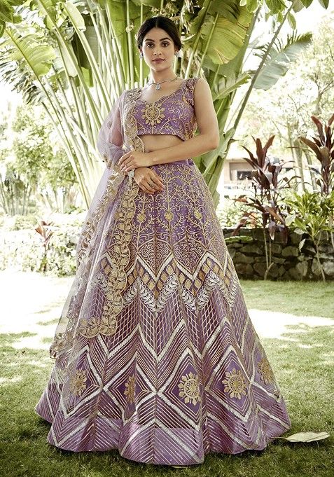 Lavender Ribbon Work Net Lehenga Set