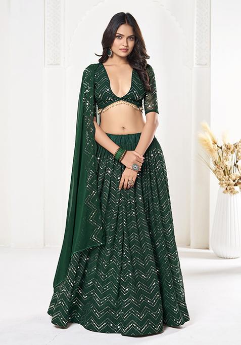 Green Sequin Embroidered Georgette Lehenga Set