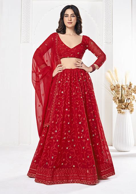 Red Sequin Embroidered Georgette Lehenga Set