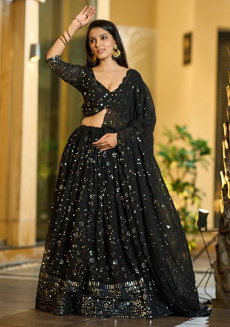 Black Sequin Embroidered Georgette Lehenga Set - Indya
