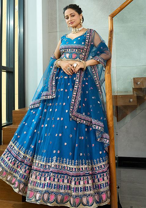 Rama Blue Sequin Embroidered Net Lehenga Set