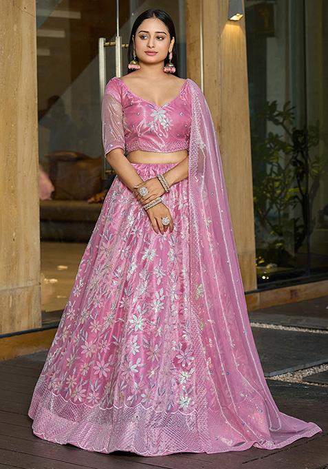 Pink Sequin Embroidered Silk Net Lehenga Set