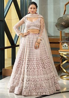 Beige Embroidered Net Lehenga Set