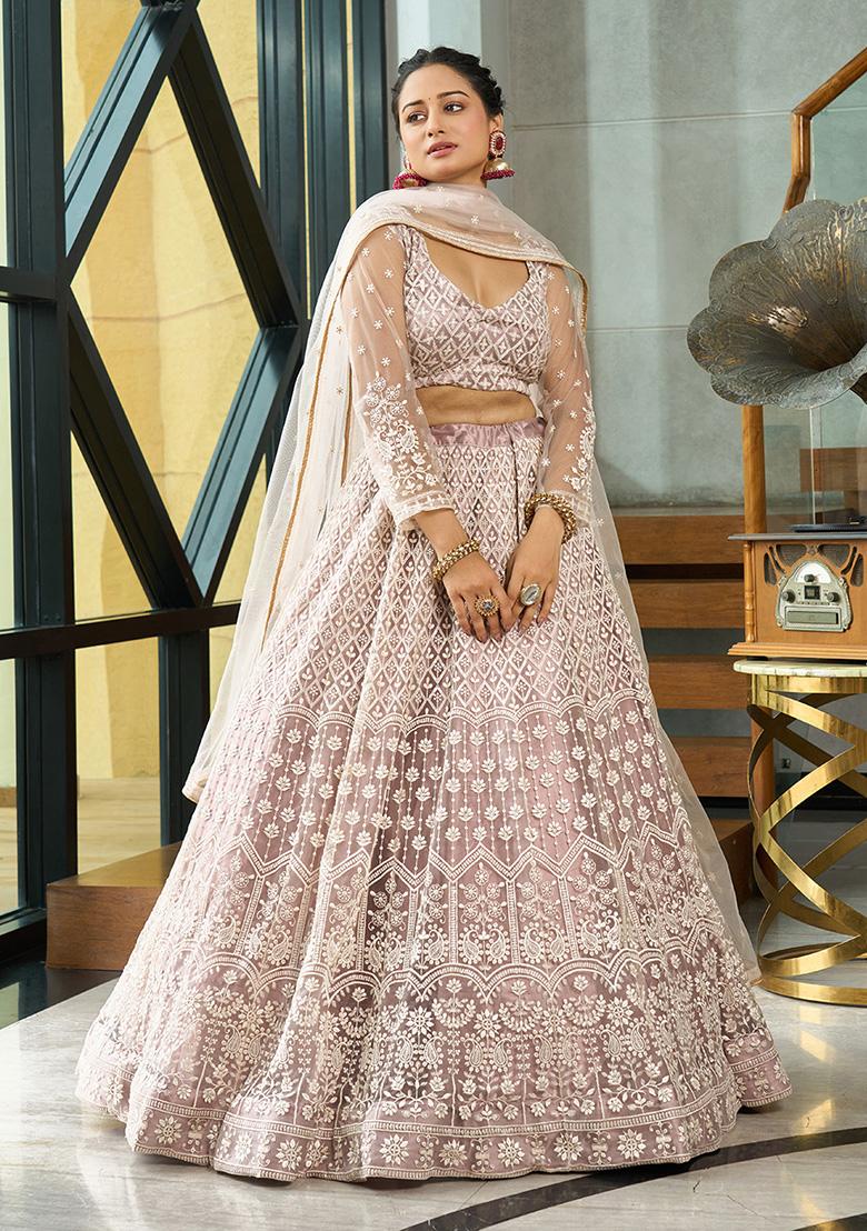 Beige Embroidered Net Lehenga Set