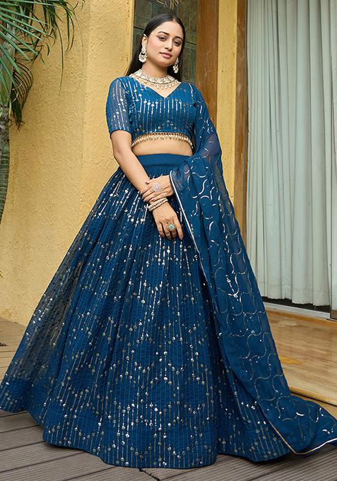 Rama Blue Sequin Embroidered Georgette Lehenga Set