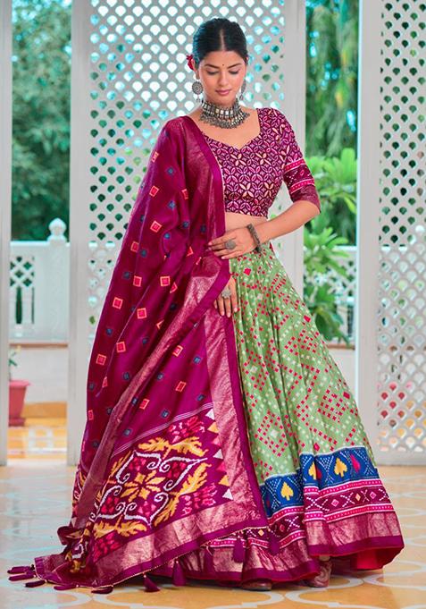 Multicolour Printed Tussar Silk Lehenga Set