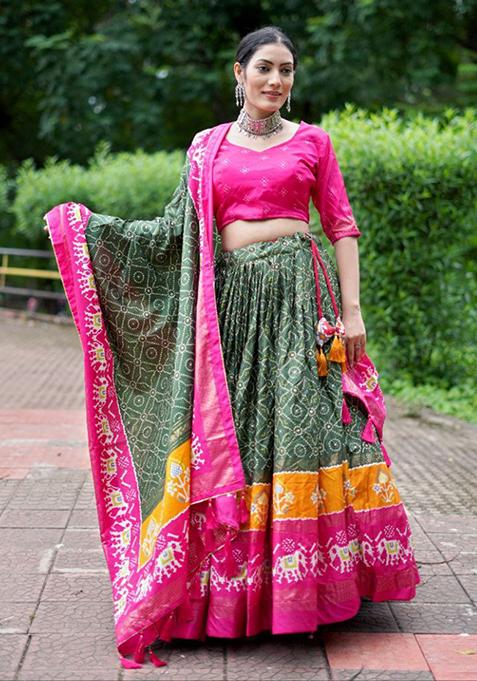 Multicolour Foil Print Tussar Silk Lehenga Set